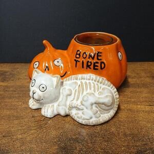 Yankee Candle Boney Bunch Bone Tired Cat Pumpkin Votive Holder 2014 Halloween